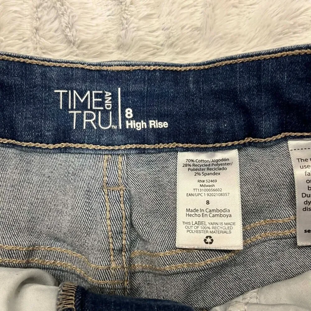 Time and Tru Denim Shorts Women 8 High Rise Distressed Bermuda Raw Hem Buttonfly